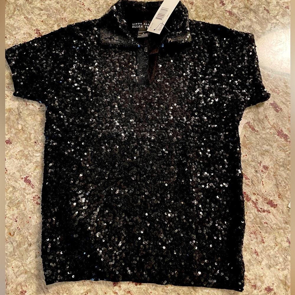 NWT Linda Allard Ellen Tracy Womens Sequin Top Black Sz Small